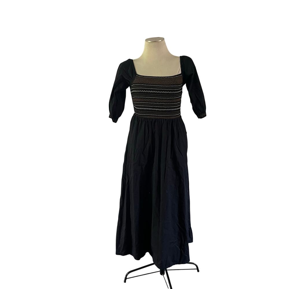 Black Puff Sleeve Embroidered Cotton Maxi Dress Sz S Witchy Cottagecore